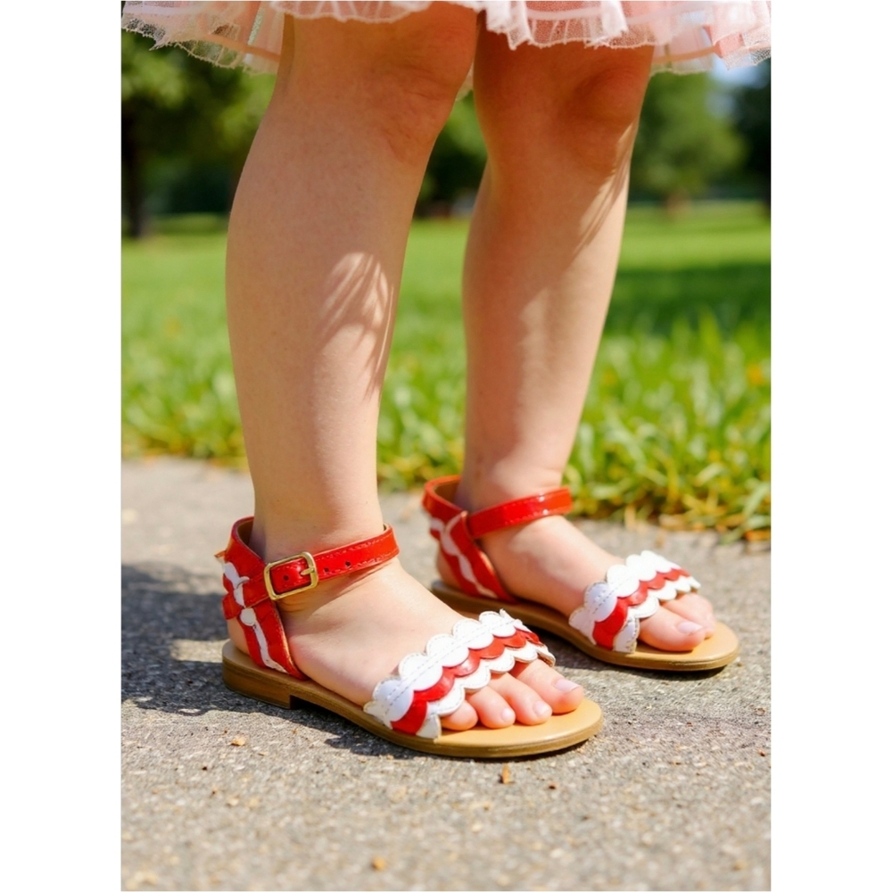 Janie & Jack ✦ Red White Scalloped Sandals ✦ Vegan Leather Summer Girls Sz 10